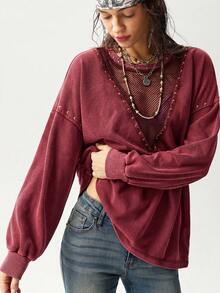 Bohemela Casual Grunge Solid Color Knit Round Neck Long Sleeve Loose Washed Women's Sweatshirt Concert Burgundy Autumn - Burgundy - View 3