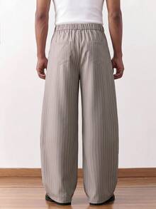 SWAVVY Men's Striped Pleated Wide Leg Loose Fit Long Pants With Pockets - Apricot - View 5
