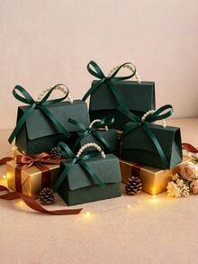 1/10/20PCS Faux Pearl Decor Gift Box Set, Darkgreen Pearl Handle Wedding Favor Box, Valentine's Day Wedding Birthday Party Decorations, Floral Letterpress Printed Mini Packaging Bags, Elegant Small Gift Bags For Jewelry Wedding Favors Party Decor - dark green - View 2