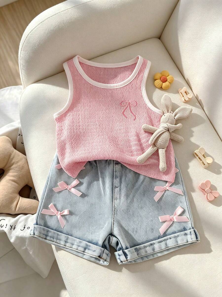 SHEIN 女嬰甜美蝴蝶結刺繡背心套裝,對比滾邊無袖上衣 + 蝴蝶結牛仔短褲,夏季款 - 粉色 - 查看 1