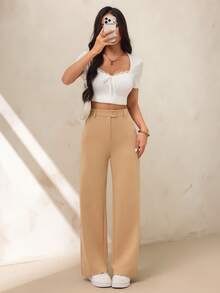 SHEIN PETITE 女款休閒極簡純色拉鍊寬鬆直筒長褲，適合日常穿著，棉混紡，舒適百搭 - 卡其色 - 查看 5