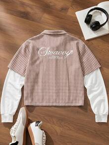 SWAVVY Men's 2 In 1 Plaid Long Sleeve Single-Breasted Shirt - Apricot - View 3