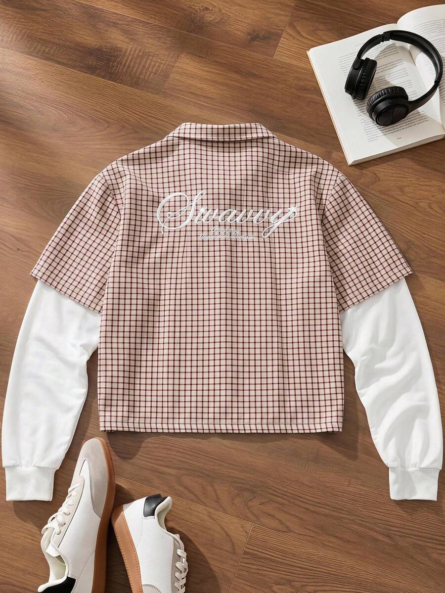 SWAVVY Men's 2 In 1 Plaid Long Sleeve Single-Breasted Shirt - Apricot - View 1