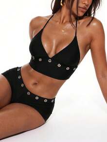Oceva Women's Summer Beach Halter Neck Tankini Set With Fish Eye Design - Black - View 3