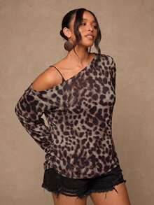 Freevana Asymmetrical Off-Shoulder Leopard Top With Side Ruching And Relaxed Silhouette, Boho Casual Piece - Multicolor - View 3