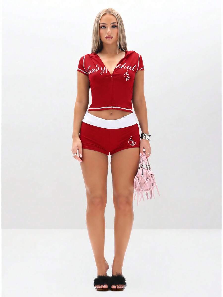BABYPHAT Script Logo Crop Hoodie Top With Zip Front And Contrast Piping Short Sleeve - Red - View 1