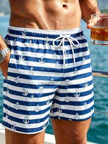Maristyn Pantalones cortos de playa para hombre con estampado de ancla y rayas de bloques de color - Azul - Ver 1