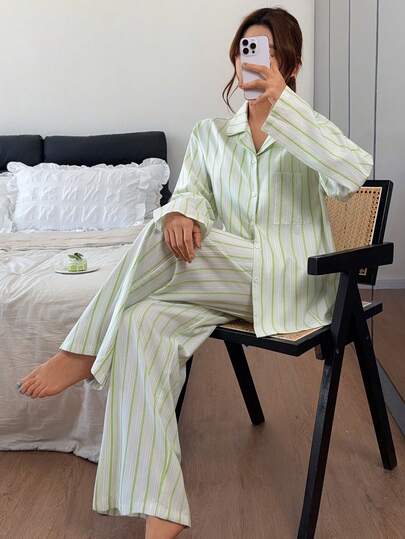 Livesso Women's Striped Single-Breasted Long Sleeve Top And Loose Long Pants Pajama Set