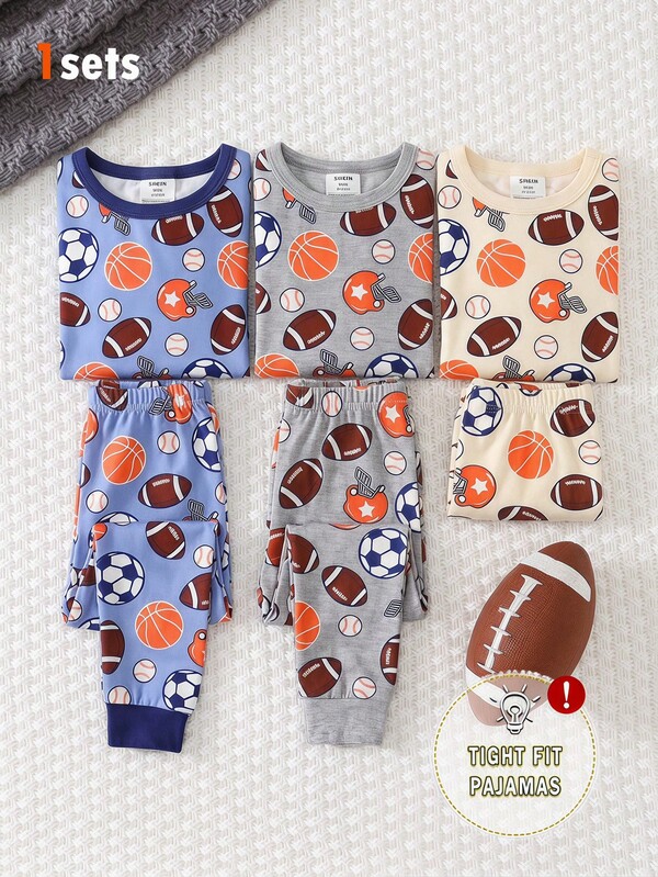 SHEIN Tight fit pajamas男婴童紧身长袖T恤和紧身长裤2套组合趣味性的球类图案元素设计深受孩子的喜爱和追求，舒适柔软可亲肤的面料制成适合儿童家居着装给儿童带来舒适睡眠健康成长