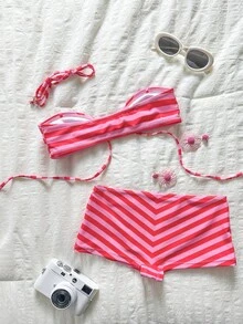 SHEIN Swim 夏季女款度假穿搭 母親節紅色條紋性感比基尼 2 件套 海灘派對度假裝 - 紅色 - 查看 2