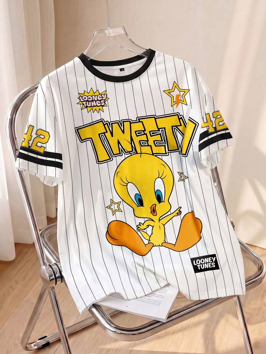 LOONEY TUNES X SHEIN Plus Size Summer Casual Striped Cartoon Pattern Short Sleeve T-Shirt - White - View 1