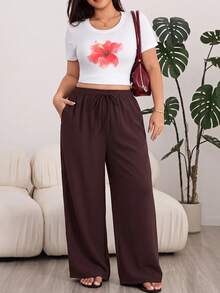 Solflare Plus Size Solid Color Casual Drawstring Waist Pocket Loose Long Pants - Coffee Brown - View 3