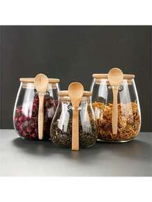Two Pieces Set Of Glass Jar And Spoon, Sealed Glass Storage, Perfect For Storing Coffee, Sugar, Tea, Salt, Candy, And Spices, Making It An Ideal Kitchen Storage Item. - Multicolor - View 2