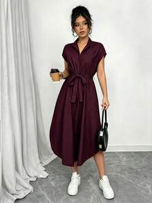 SHEIN Raffinéa Women's Solid Color Waist Knot Casual Party Dress - Burgundy - View 6