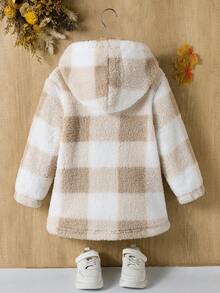 Elladie kids 女童 4-8 歲夾克，奶咖格紋軟絨連帽外套，適合秋冬、戶外活動、上學 - 卡其色 - 查看 7