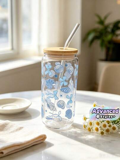 Butterfly & Seashell Decor Glass Straw Cup, Bottle Shaped Straw Cup, Matcha Straw Cup - Best Gift For Friends!