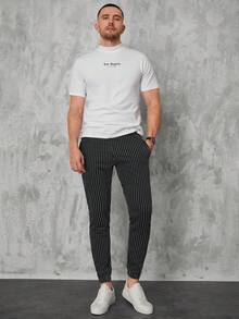 SHEIN Cottnline Men Striped Print Drawstring Waist Trousers - Black - View 5