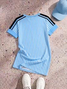 THE POWERPUFF GIRLS X SHEIN GraphicGems 青少年女孩夏季短袖藍白條紋卡通印花洋裝 - 藍色 - 查看 2