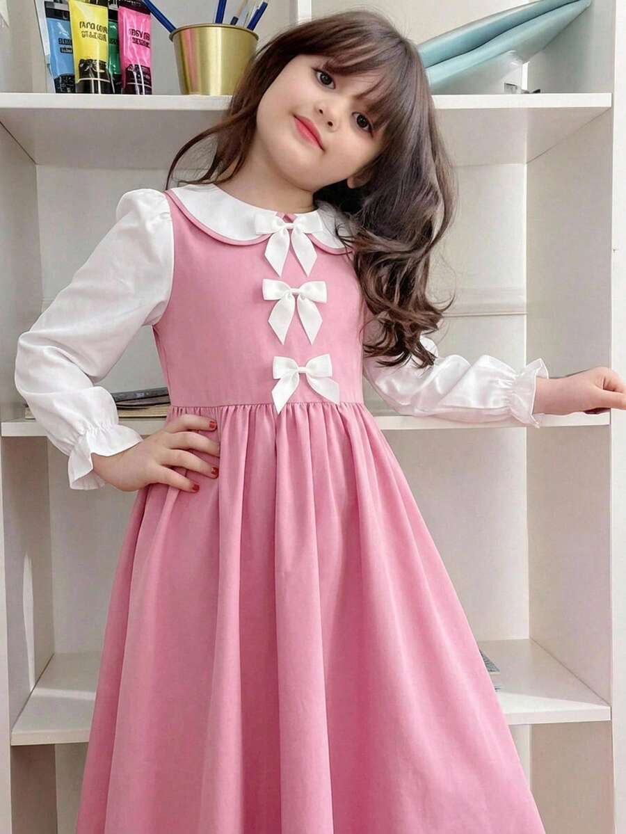 SHEIN Tween女孩夏季軟綿粉色與白色拼色彼得潘領洋裝,公主風百搭設計,適合正式場合、外出、度假、街頭穿搭,適用任何場合,姐妹款、親子套裝,可愛女孩穿搭 - 粉色 - 查看 1