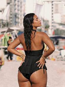 Swim Vcay Plus Size Women Summer Beach Shell Trim Halter Tankini Set - Black - View 2