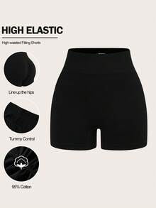 SHEIN BASICS 女款純色極簡運動休閒短褲 夏季健身房穿著 黑色 - 黑色 - 查看 6