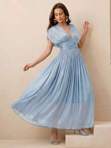 Anewsta Women's New Spring/Summer Elegant Shiny Noble V-Neck Pleated Shoulder Strap Waist-Flattering Dress For Party, Holiday, Gathering - Blue - View 7