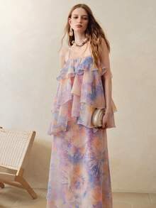 SHEIN Women's Tie-Dye Multi-Layer Ruffle Hem Fashion Spaghetti Strap Dress - Purple - View 5