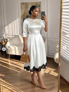 SHEIN Lady CURVE Plus Size Fashion Lace Patchwork Pleated Round Neck Dress Summer Wedding Formal Mother Of The Bride Formal Mother Of The Bride White Elegant Wedding - Multicolor - View 5