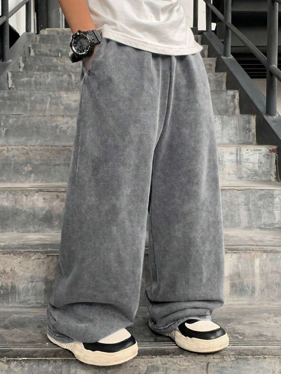 SHEIN 兒童青少年男孩彈性腰寬鬆休閒運動長褲,適合秋冬,灰色運動褲 - 灰色 - 查看 1