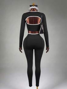 Mistrie 3pcs Women Seamless Ribbed Sports Set, Long Sleeve Shawl Collar Top, Contrast Color Tank, High Waist Tight Leggings Athletic Active Gym Three Pieces Set Workout Legging Tights Three Pieces Set Women Gym Set - Black - View 3