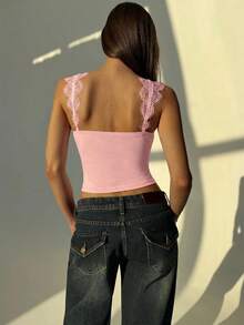 Aloruh Slim Fit Pullover Lace Patchwork Sexy Low Cut Sweetheart Neckline Hot Girl Street Style Black T-Shirt Date Night Night Out Pink Summer Romantic - Baby Pink - View 2