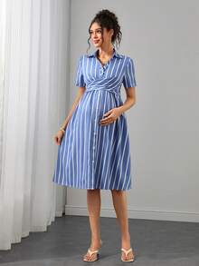 Momance Blue And White Striped Shirt Dress For Maternity, Lapel V-Neck With Criss-Cross Tie Waist, Short Sleeve Single-Breasted A-Line Skirt, Suitable For All Pregnancy Stages, Commute And Daily Wear, Elegant And Slimming Maternity Dress - Blue - View 4