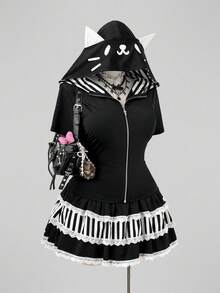 Sunspun 2pcs Sexy Black Animal Ear Cat Ear Hoodie & Striped Sweatshirt Jacket With Striped Cute Decor Half Skirt, Sexy Holiday Elegant Suitable For Festival Commute Outing Date Party Dark Punk Y2K Beach Outfit 2-Piece Set - Black and White - View 3