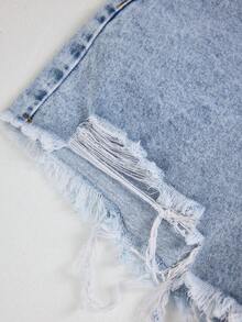 EMERY ROSE Women's Light Blue Bow Embroidery Distressed Raw Hem Non-Stretch Denim Shorts Vacation Summer Cute - Light Wash - View 7