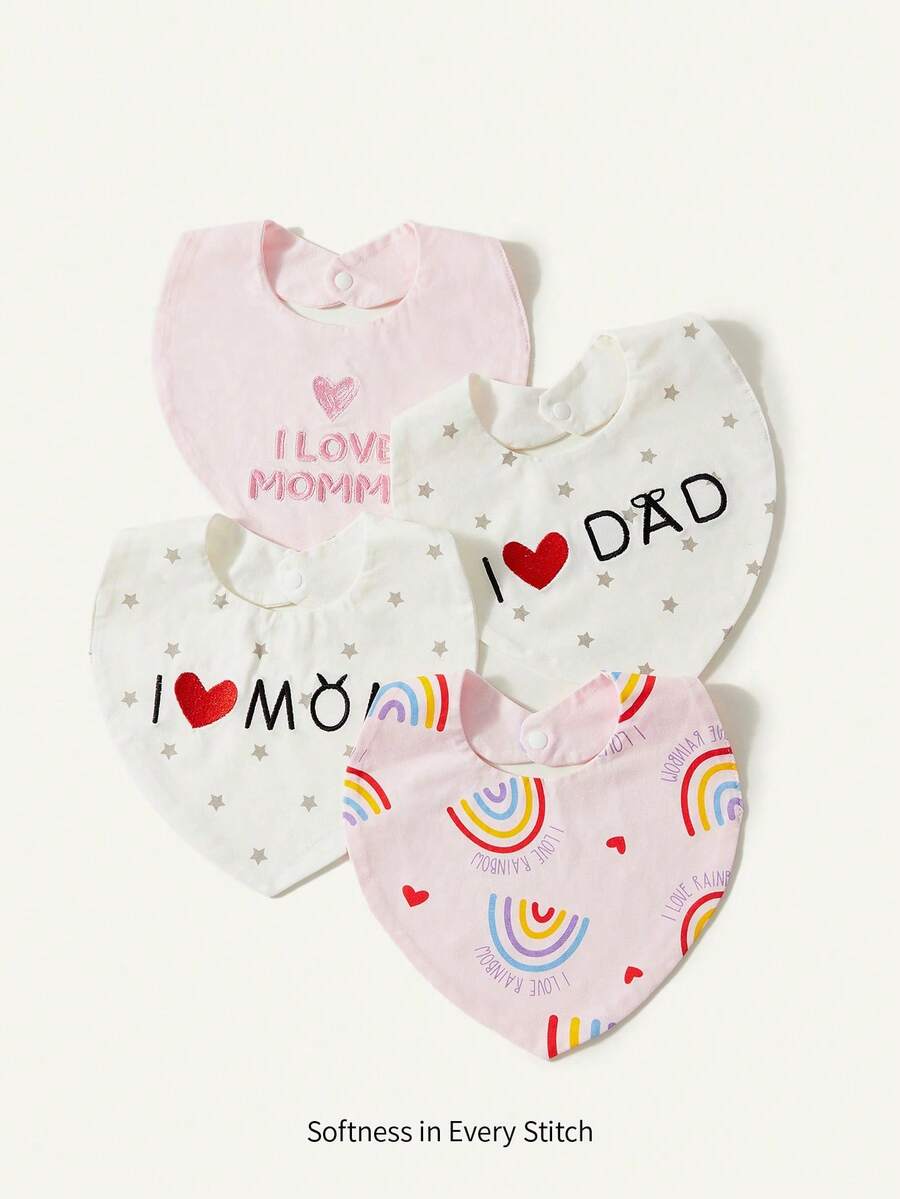 SHEIN 4件組嬰兒圍兜套裝,彩虹愛心三角口水巾,Love Mom Love Dad 媽媽爸爸愛心款 - 粉/白色 - 查看 1