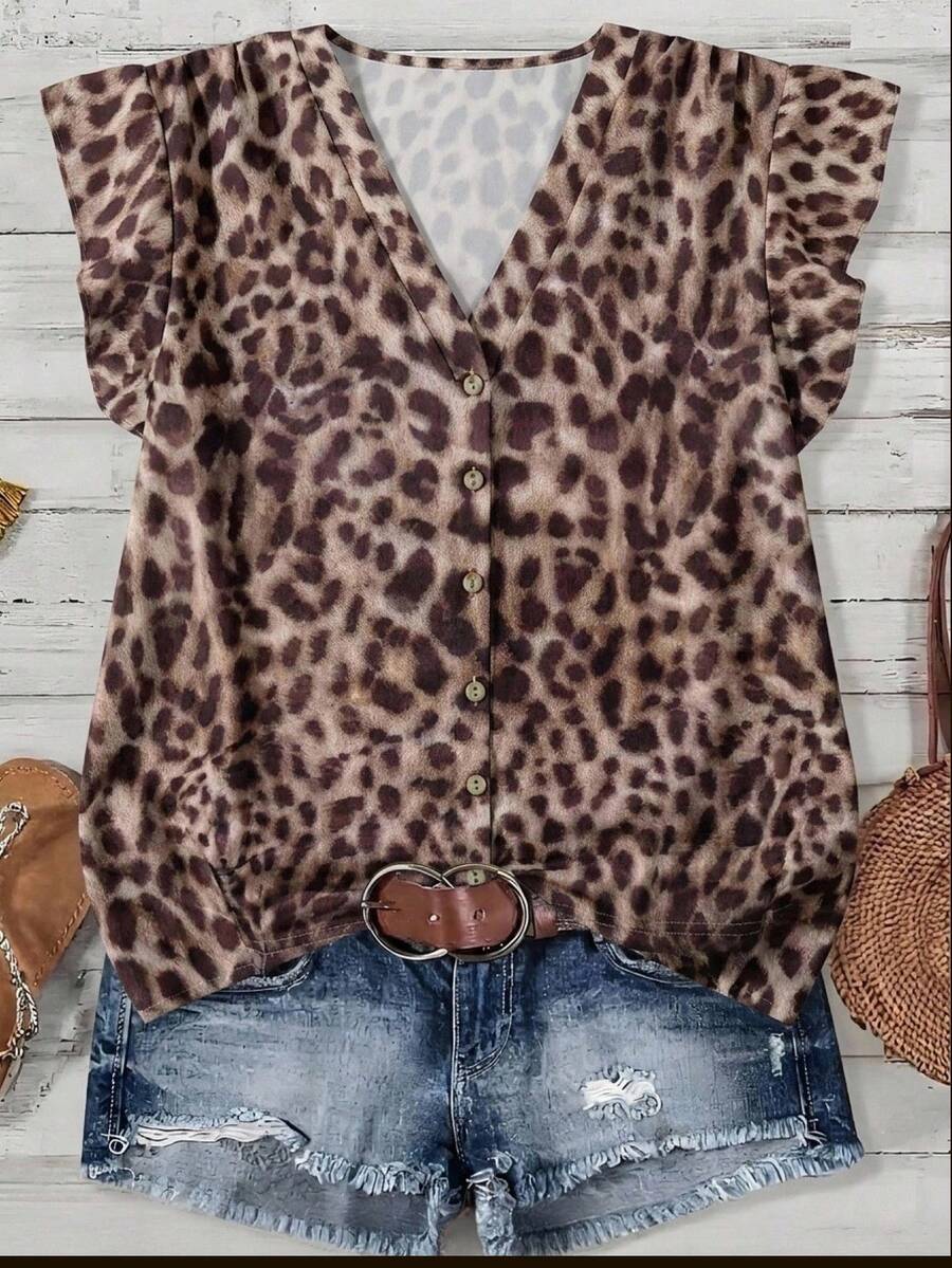 SHEIN VCAY Leopard Print V-Neck Button-Front Blouse With Flutter Cap Sleeves, Relaxed Fit For Casual Chic - Multicolor - View 1