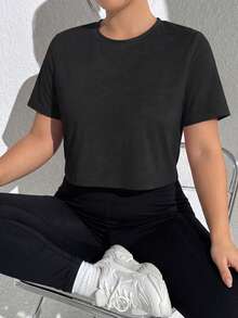 SHEIN Velisys 3pcs Casual Versatile Plus Size Back Mesh Patchwork Twist Knot Design Short Sleeve Sports T-Shirt Set - Multicolor - View 4