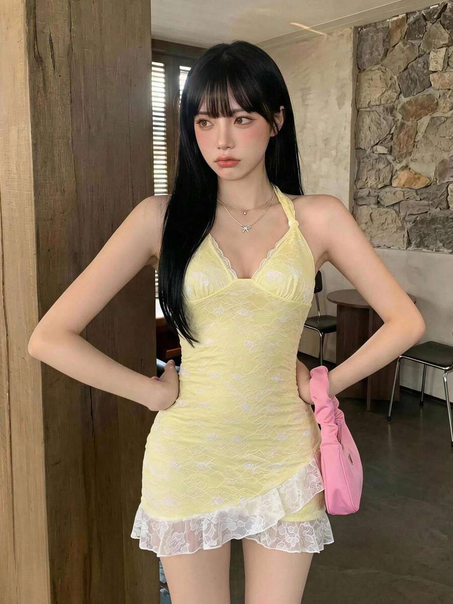 Sweetina Vestido mini ajustado de malla transparente con volantes, cuello halter con lazo, rosa, estilo Y2K para verano - Amarillo claro - Ver 1