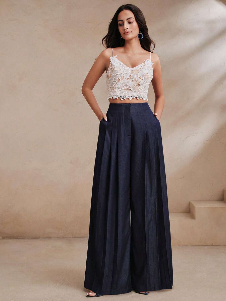Anewsta Essential Celana Panjang Wanita Polos dengan Lipit dan Kantong, Model Kasual untuk Perjalanan Komuter. - Dark Wash - View 1