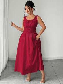 Elenzga Damen-Sommerkleid in Große Größen, A-Linie, quadratischer Ausschnitt, Jacquard, geraffte Taille, ärmellos, mit Schleife, elegant, vintage, romantisch, für Hochzeitsgast, Party und Urlaub, Burgunderrot - Bordeaux - Übersicht 5