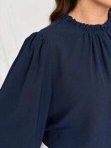 Miaspire Plus Size Women's Fall Casual Elegant Commute Solid Color Navy Blue Pleated Long Sleeve Blouse Shirt Top,Autumn,Back To School,Formal,Office,Vacation - Navy Blue - View 10