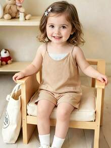 SHEIN Vintaside Kids Tutina senza maniche con due tasche, pantaloncini, per ragazze, adatta per vacanze estive - Albicocca - Visualizzare 3