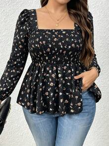 SHEIN Holidaya Women's Long Sleeve Ditsy Floral Blouse For Date And Commute - Black - View 1