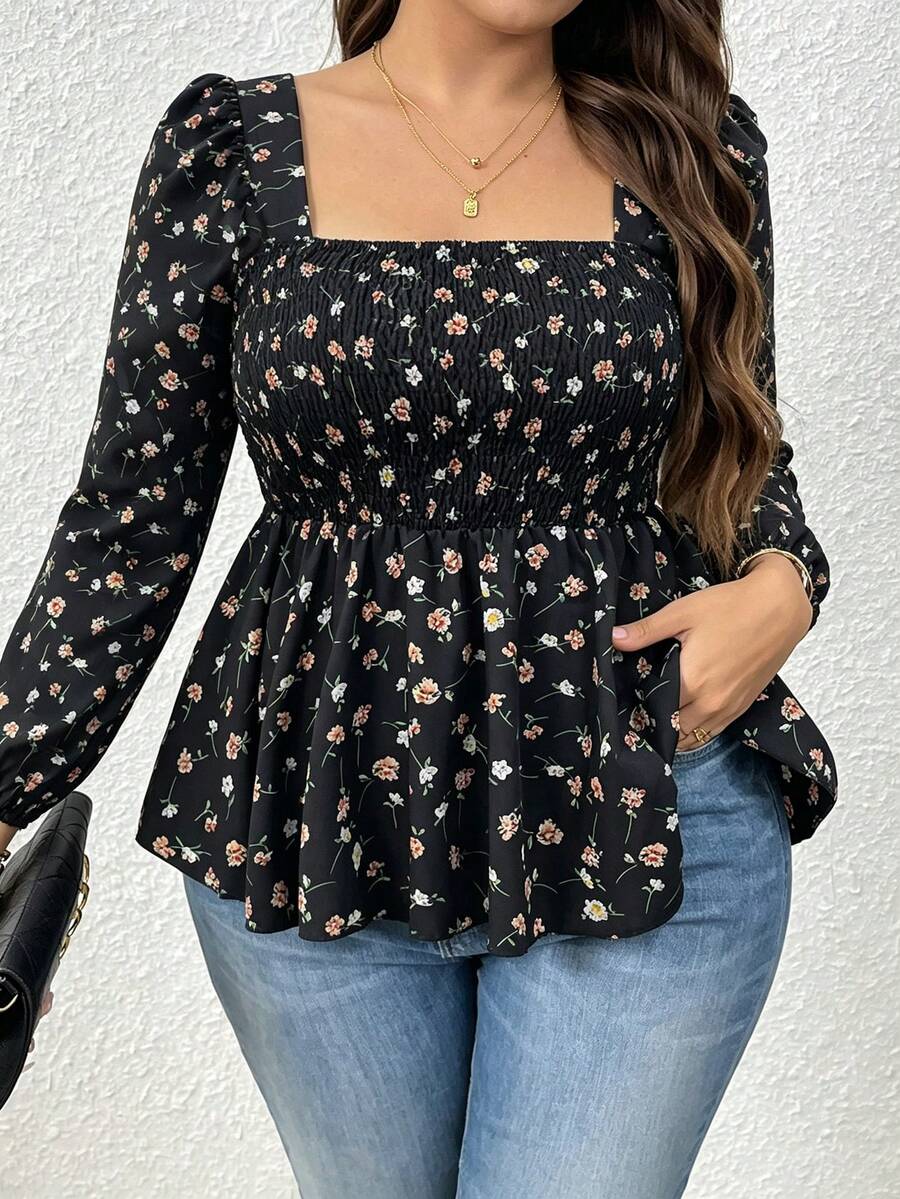 SHEIN Holidaya Women's Long Sleeve Ditsy Floral Blouse For Date And Commute - Black - View 1