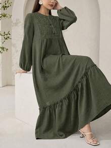 Veilorie 刺繡拼接收腰舒適寬鬆休閒度假日常百搭洋裝 - 軍綠色 - 查看 3