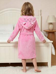 SHEIN Jubah Mandi/Pakaian Santai Anak Perempuan Motif Kelinci Lucu Bordir Bunga Merah Muda Flanel Musim Gugur Musim Dingin Kasual Gaya Putri Peri Pakaian Tidur Lembut dan Nyaman - Coral Pink - View 3