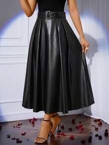 SHEIN Lady 女款純色PU皮革時尚百搭日常休閒裙 - 黑色 - 查看 6