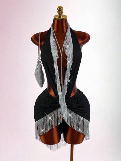 Amplova Robe mini de danse latine pour femme, col V profond, dos nu, sans manches, à franges en satin, argent et noir