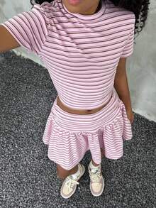Camiseta de cuello alto fruncido y ajuste ceñido & Falda con volantes en el bajo para niña preadolescente,Vuelta al colegio,Y2K,Streetwear - Rosa - Ver 6