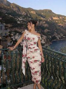 SHEIN MOD Chic Women's Red Rose Print Midi Dress With One Shoulder Design And Ruched Detail Ideal For Parties - Multicolor - View 2